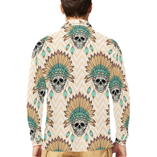 Indian Skull Pattern Long Sleeve Polo Shirt For Men's