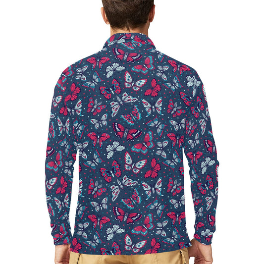 Butterfly Red Deep Blue Print Pattern Long Sleeve Polo Shirt For Men's