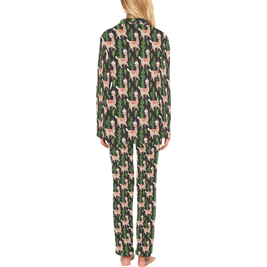 Alpaca Cactus Design Themed Print Women's Long Pajama Set