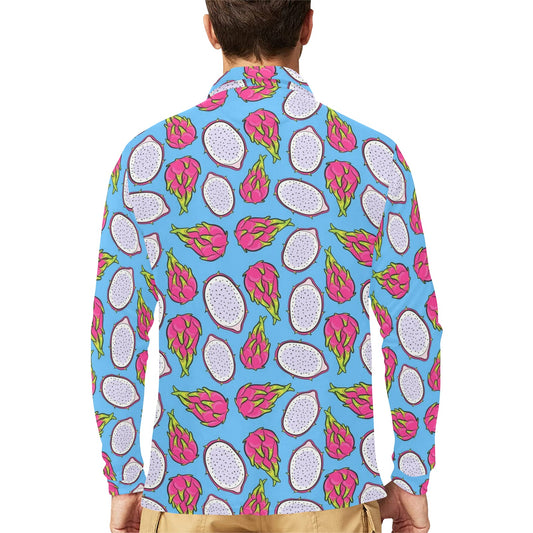 Dragonfruit Pattern Print Design DF04 Long Sleeve Polo Shirt For Men's