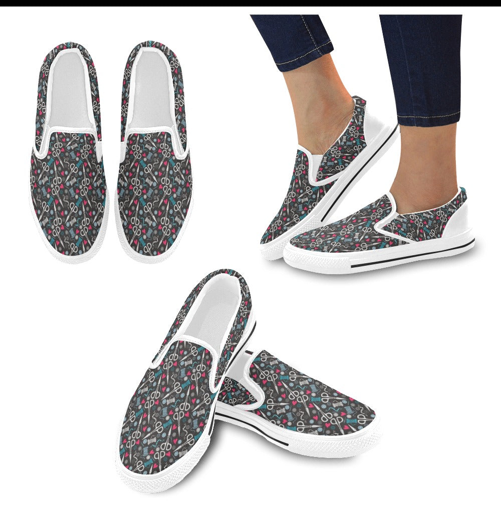 Sewing Equipment Print Design LKS305 White Slip Ons Canvas Women's Shoes