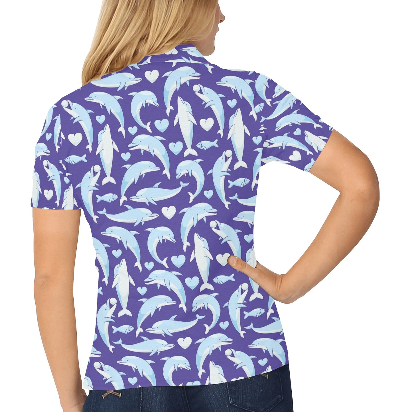 Dolphin Smile Print Pattern Women's Polo Shirt