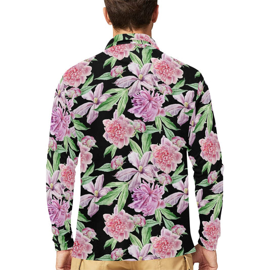 Peony Pattern Print Design PE08 Long Sleeve Polo Shirt For Men's