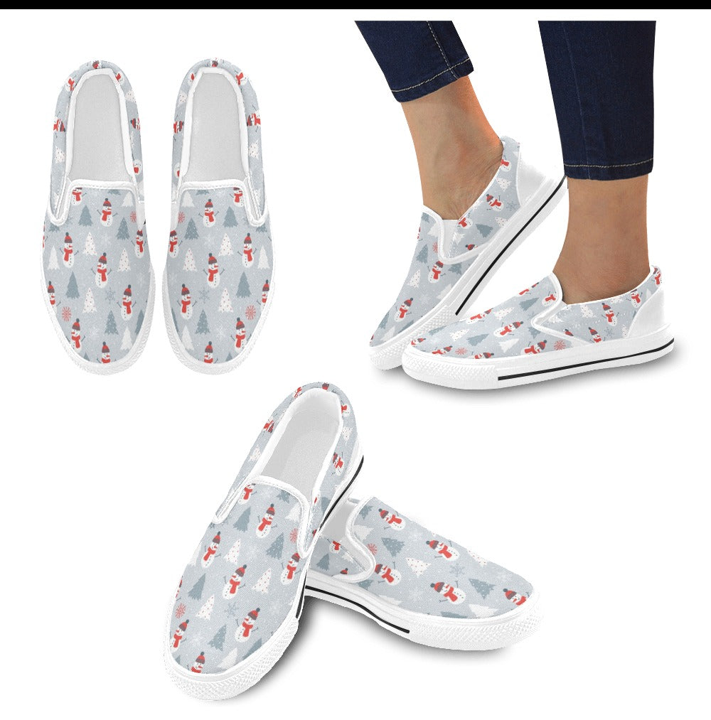 Snowman Print Design LKS302 White Slip Ons Canvas Women's Shoes
