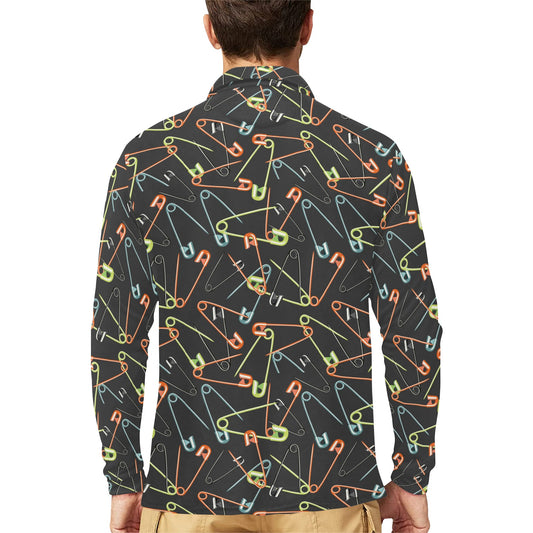 Safety Pin Print Design LKS301 Long Sleeve Polo Shirt For Men's