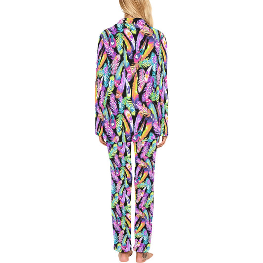 Neon Feather Pattern Print Design A02 Women's Long Pajama Set
