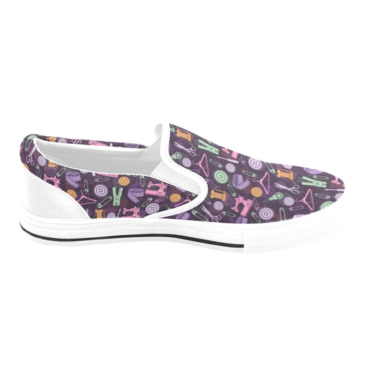 Sewing Equipment Print Design LKS306 White Slip Ons Canvas Women's Shoes