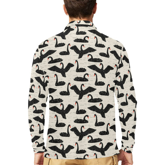 Swan Print Design LKS402 Long Sleeve Polo Shirt For Men's