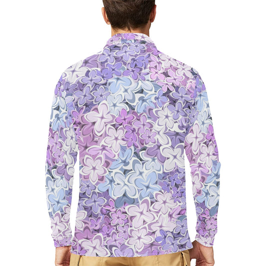 Lilac Pattern Print Design LI01 Long Sleeve Polo Shirt For Men's