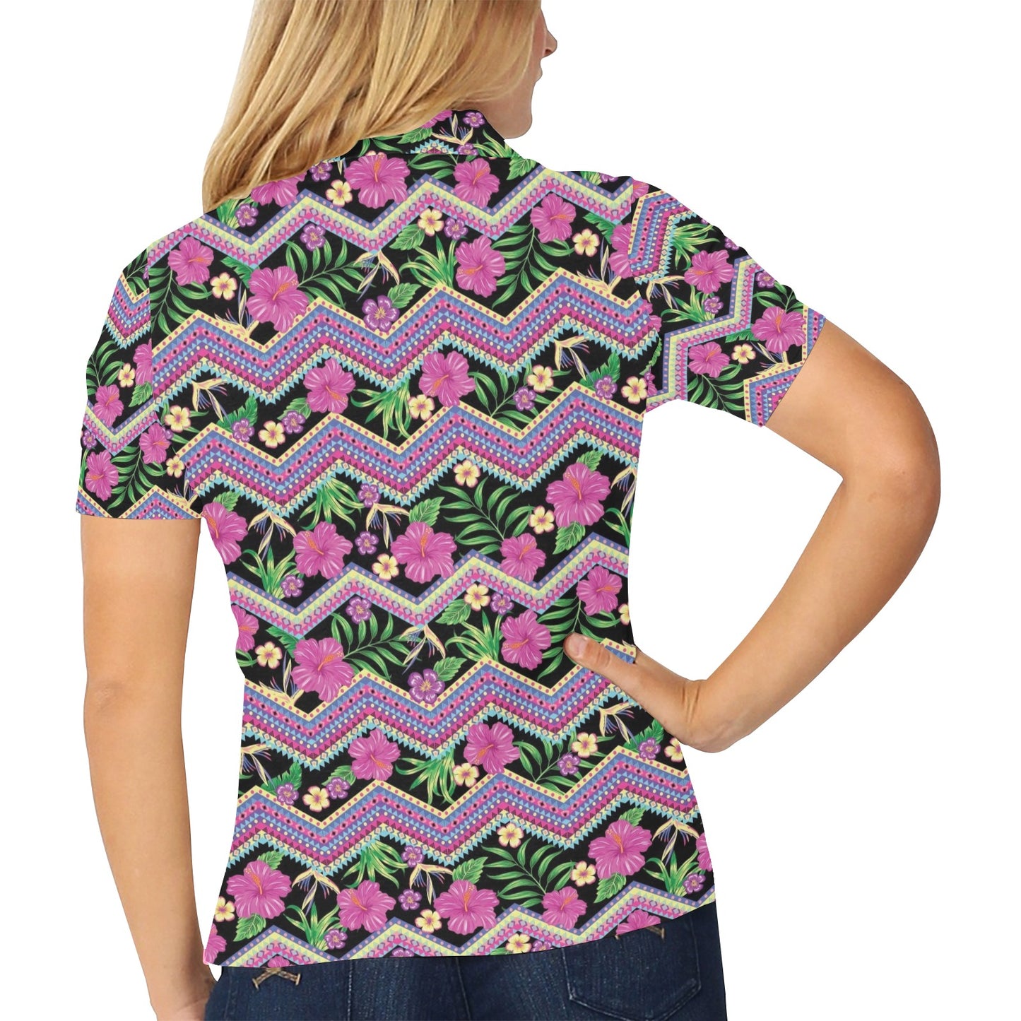 Hibiscus Pink Zigzag Line Pattern Design LKS307 Women's Polo Shirt