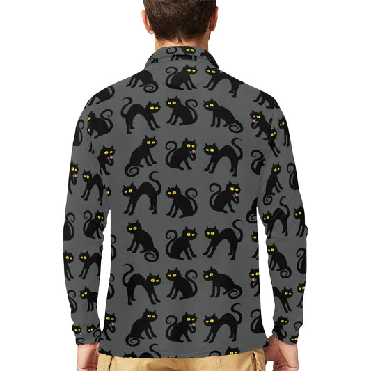Black Cat Cute Print Pattern Long Sleeve Polo Shirt For Men's
