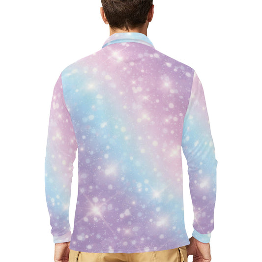 Cosmic Pastel Pattern Print Design 02 Long Sleeve Polo Shirt For Men's