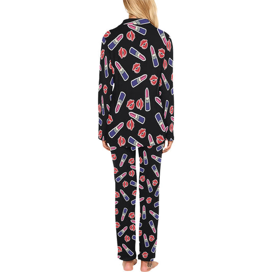 Lipstick Pattern Print Design LT01 Women's Long Pajama Set