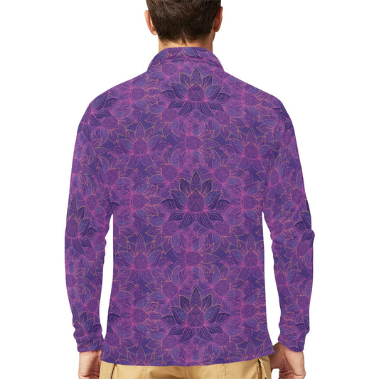 Bohemian Lotus Mandala Style Long Sleeve Polo Shirt For Men's