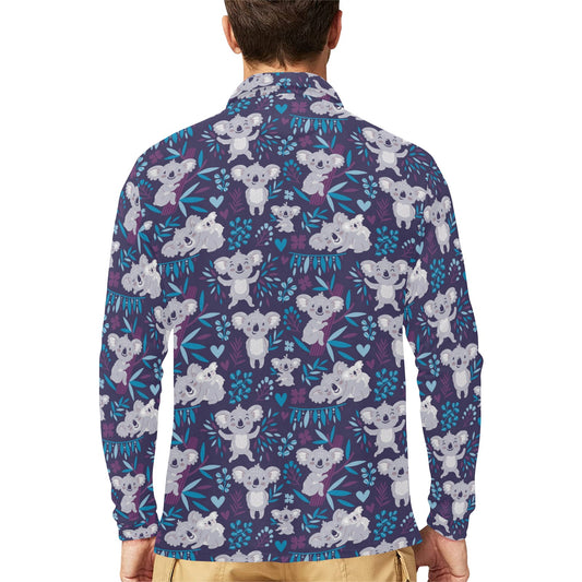 Koala Cute Themed Design Print Long Sleeve Polo Shirt For Men's