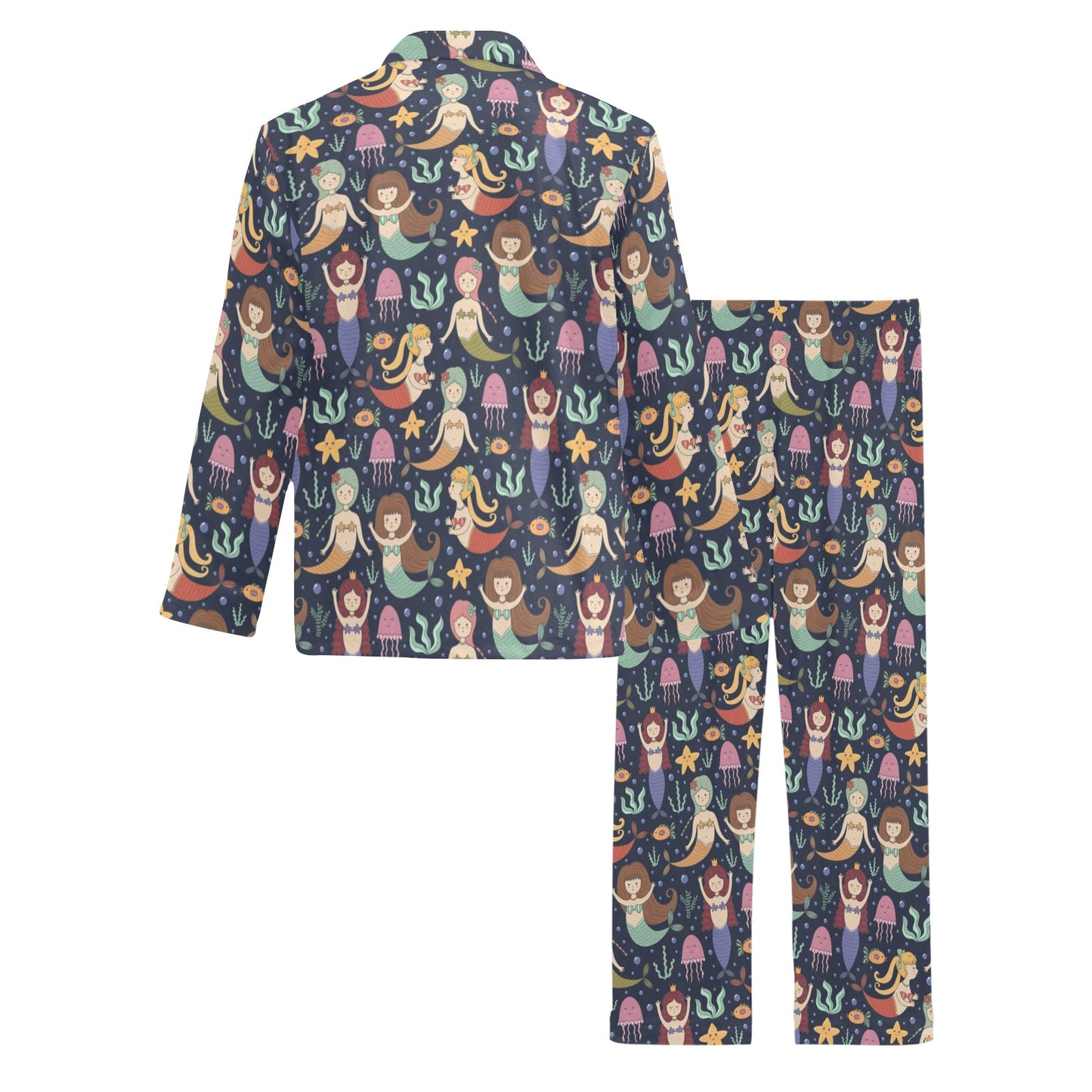 Mermaid Cartoon Pattern Print Design 03 Men's Long Pajama Set