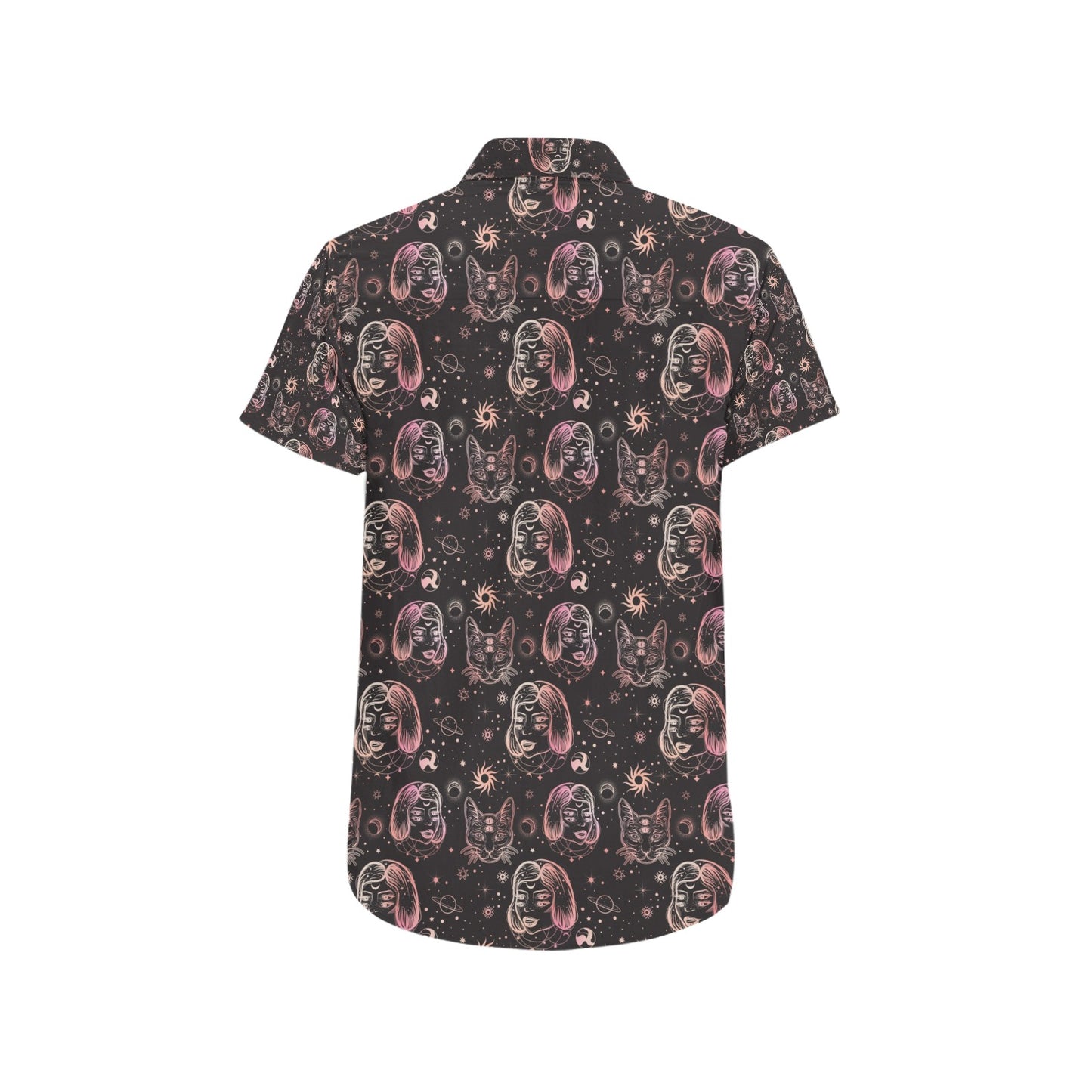 Third Eye Girl Cat Print Design LKS305 Men Short Sleeve Button Up Shirt