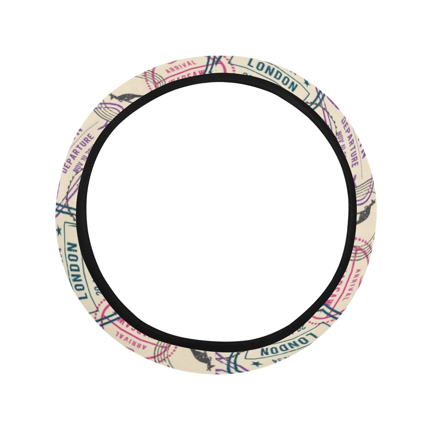 Travel Stamp Print Design LKS303 Steering Wheel Cover with Elastic Edge