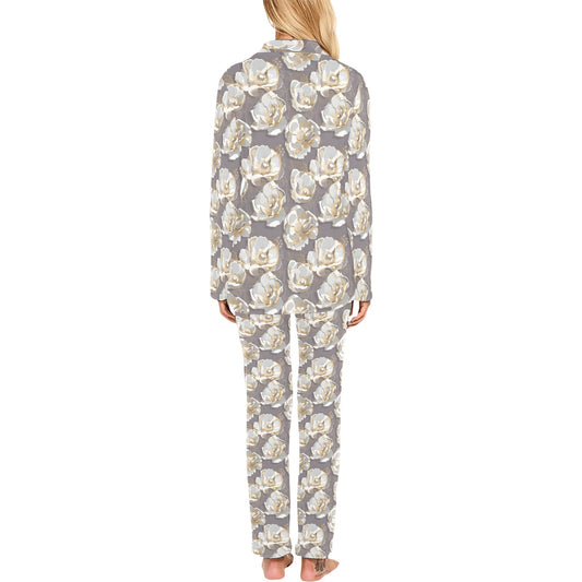 Elegant Grey Flower Print Women's Long Pajama Set