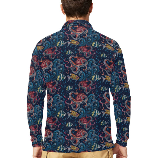 Octopus Deep Sea Print Themed Long Sleeve Polo Shirt For Men's