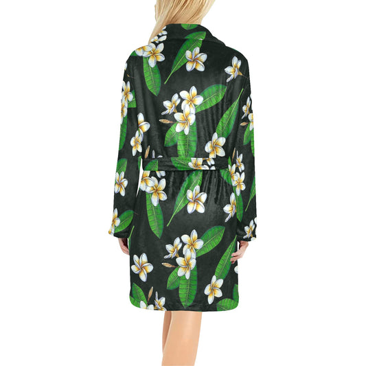 White Plumeria Pattern Print Design PM023 Women's Fleece Robe