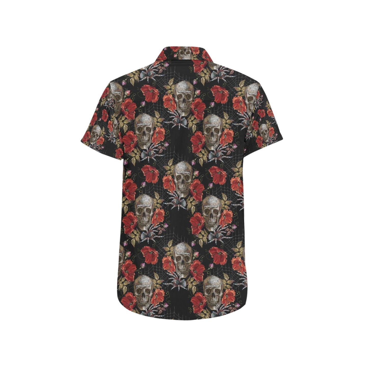 Spider Web Skull Rose Print Design LKS305 Men Short Sleeve Button Up Shirt