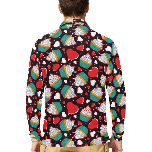 Cupcakes Heart Print Pattern Long Sleeve Polo Shirt For Men's