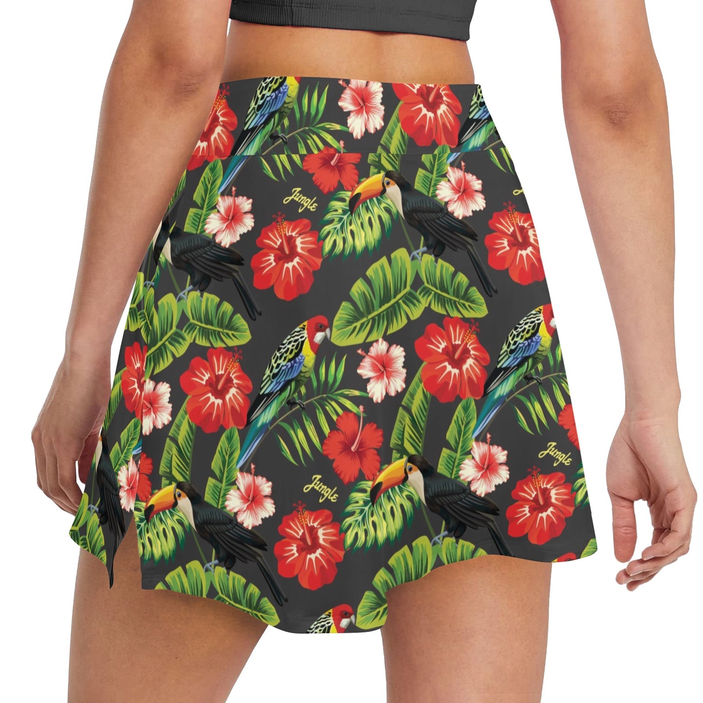 Hibiscus Red With Parrotprint Design LKS303 Women's Golf Skirt with Pocket
