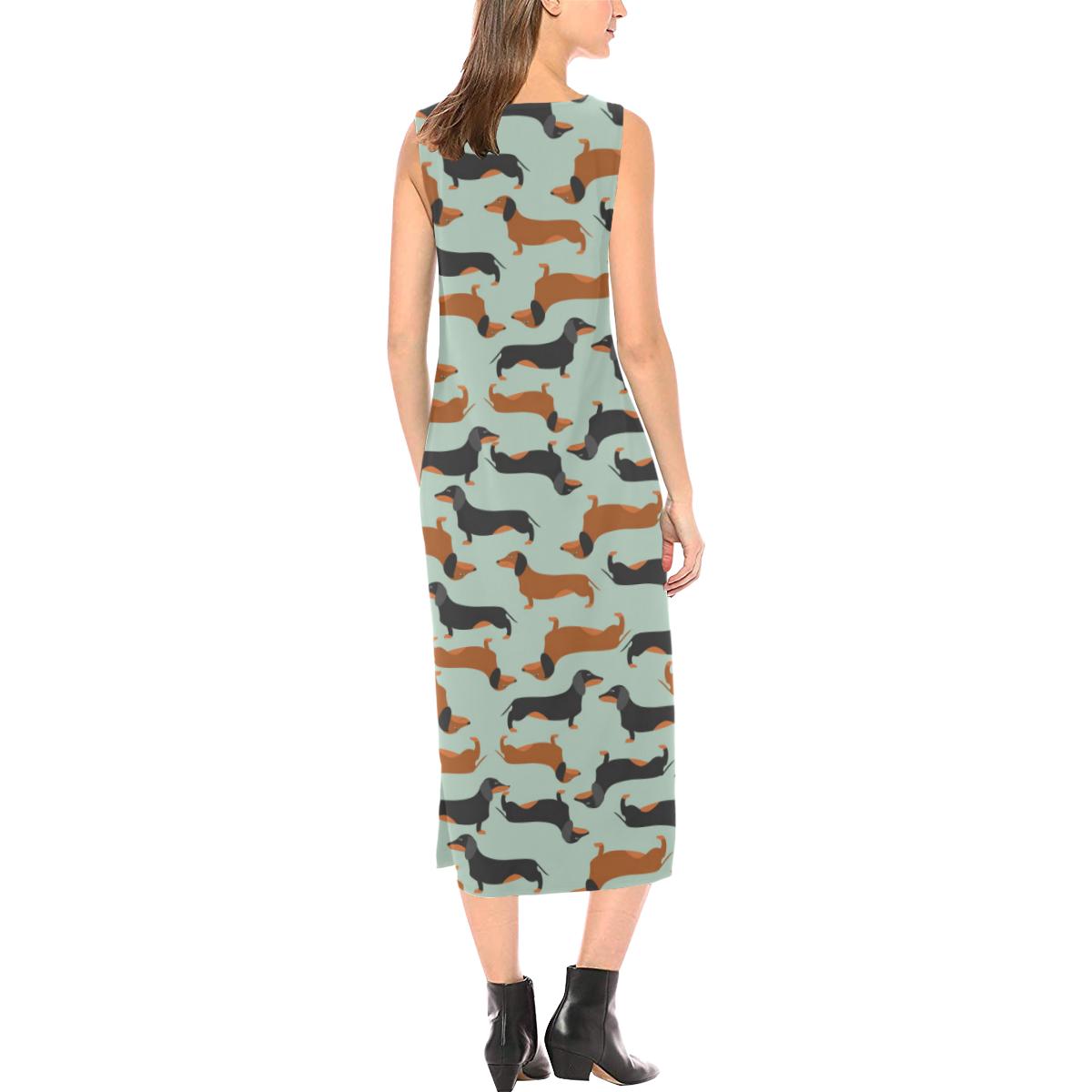 Dachshund Cute Print Pattern Sleeveless Open Fork Long Dress (Model D08)-JTAMIGO.COM