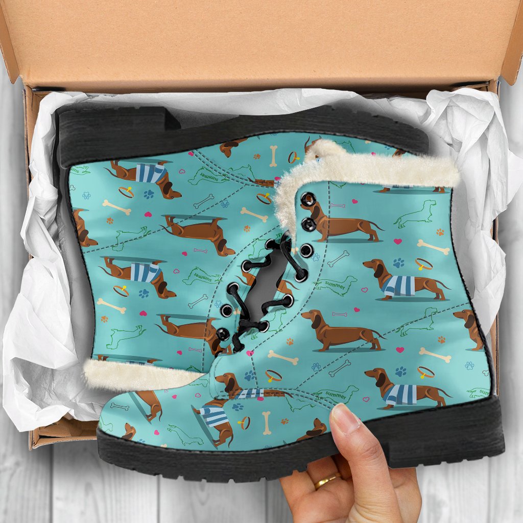 Dachshund Paw Decorative Print Pattern Faux Fur Leather Boots-JTAMIGO.COM