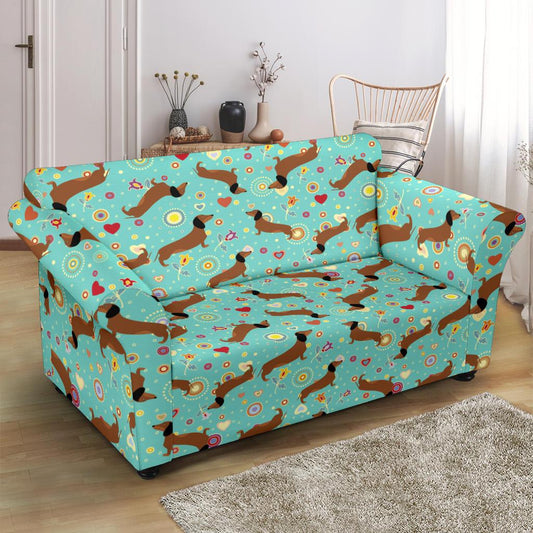 Dachshund with Floral Print Pattern Loveseat Slipcover-JTAMIGO.COM