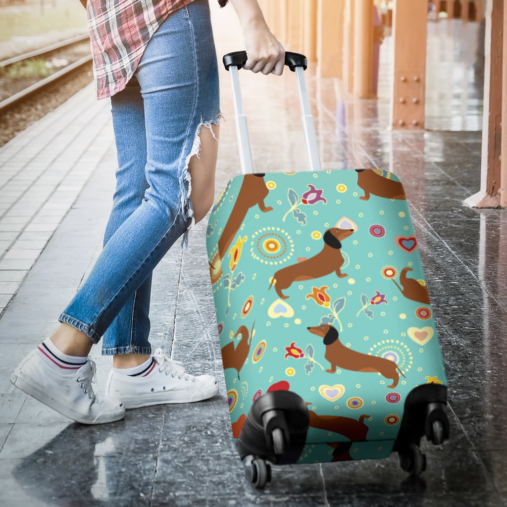 Dachshund With Floral Print Pattern Luggage Cover Protector