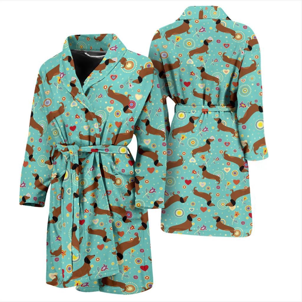 Dachshund with Floral Print Pattern Men Bath Robe-JTAMIGO.COM