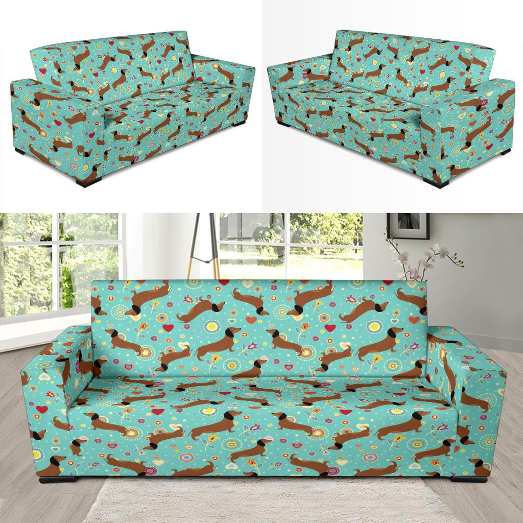 Dachshund with Floral Print Pattern Sofa Slipcover-JTAMIGO.COM