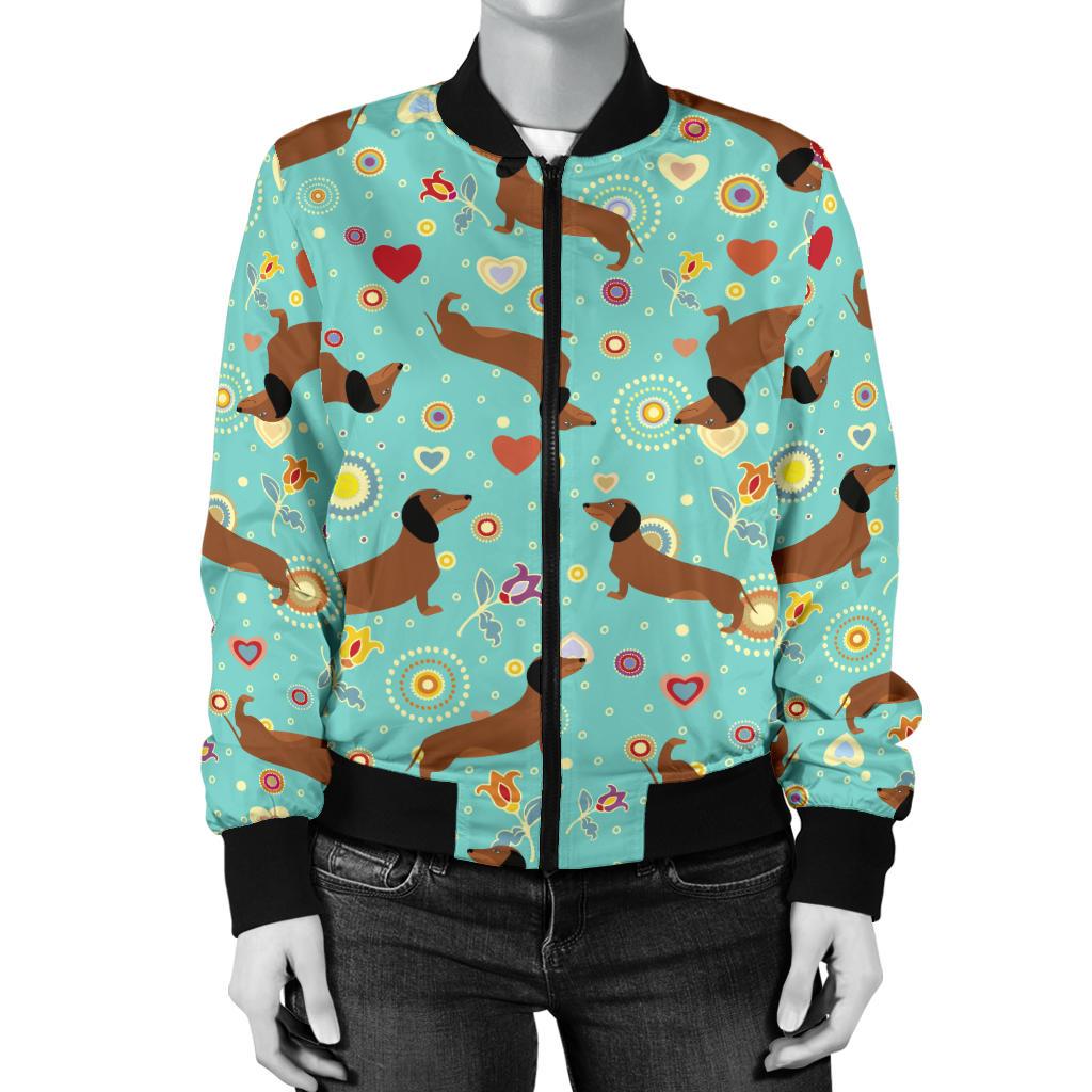 Dachshund With Floral Print Pattern Women Casual Bomber Jacket