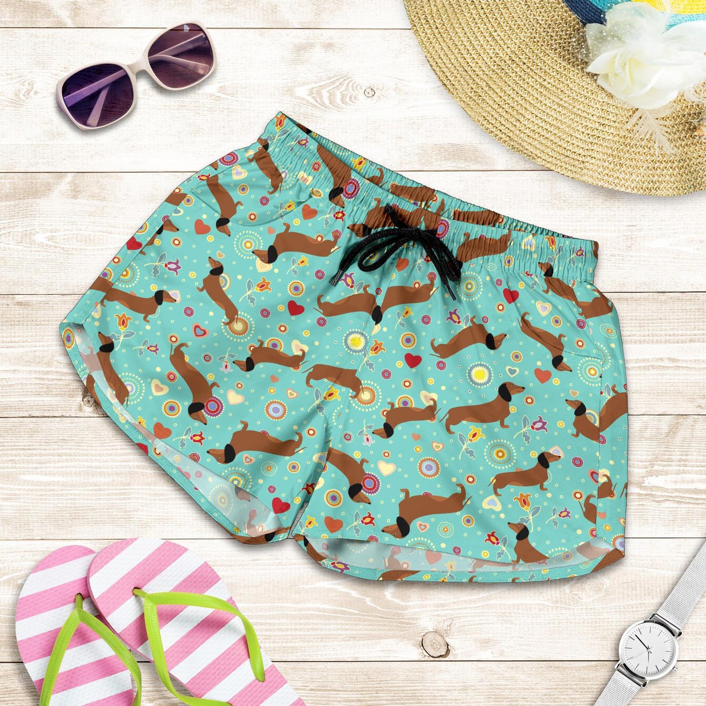 Dachshund with Floral Print Pattern Women Shorts-JTAMIGO.COM