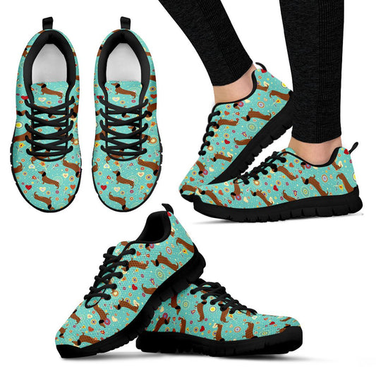 Dachshund With Floral Print Pattern Women Sneakers Shoes