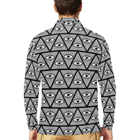 Third Eye Pattern Print Design LKS304 Long Sleeve Polo Shirt For Men's