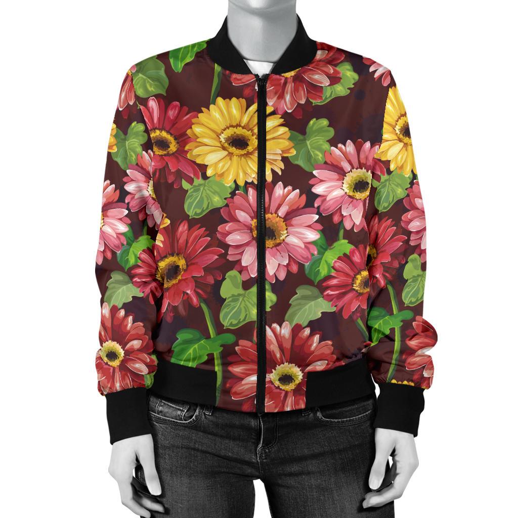 Daisy Gerbera Print Pattern Women Casual Bomber Jacket