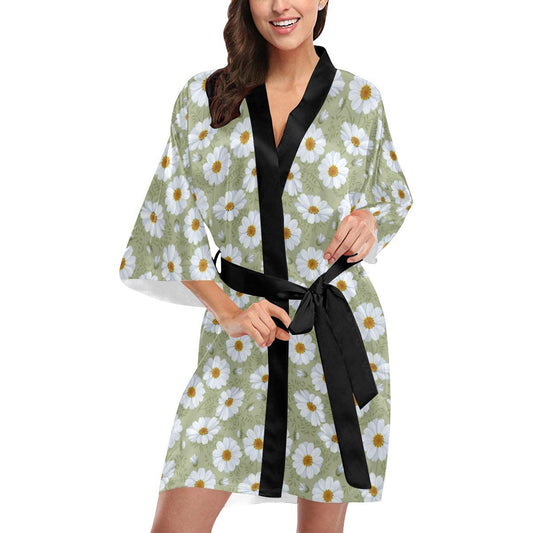 Daisy Yellow Print Pattern Women Short Kimono Robe