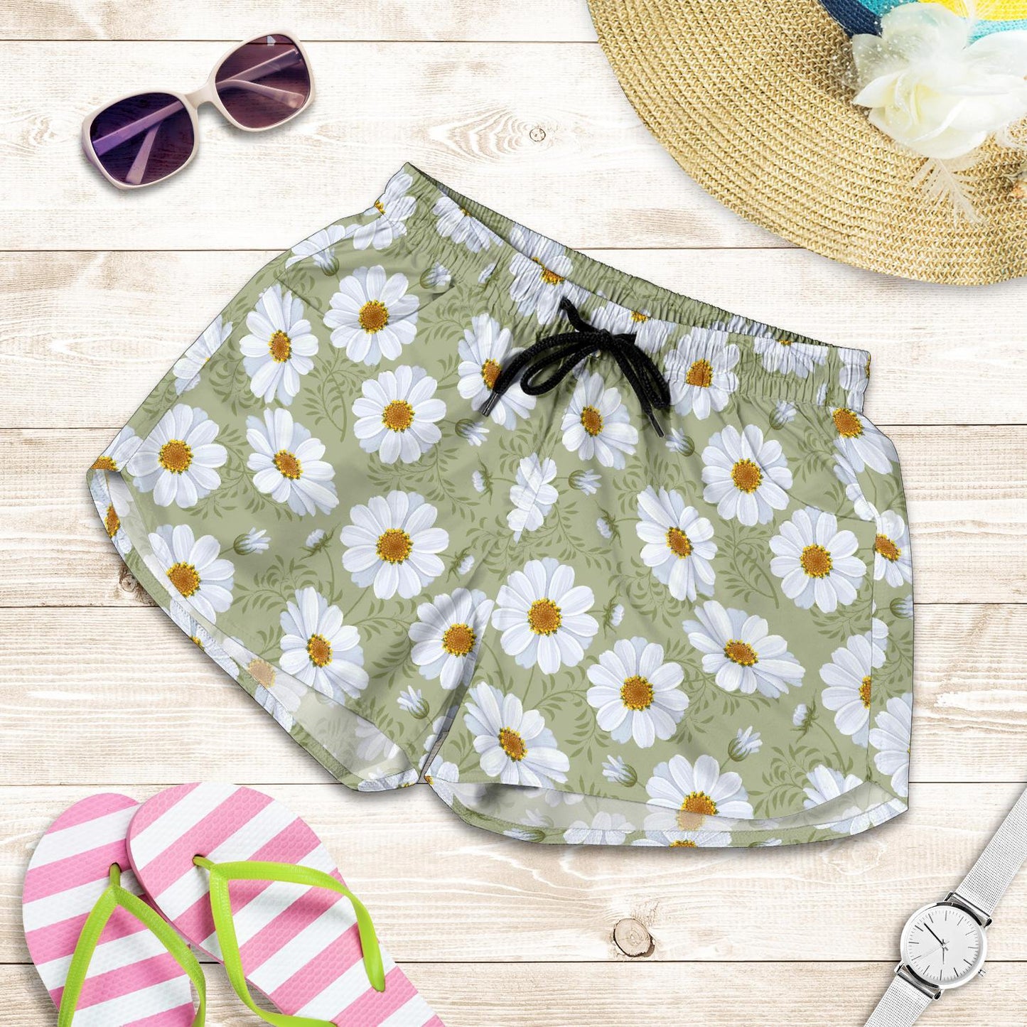 Daisy Yellow Print Pattern Women Shorts-JTAMIGO.COM
