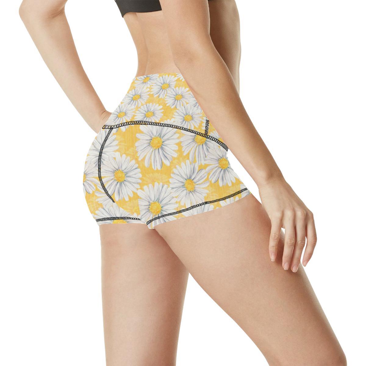 Daisy Yellow Watercolor Print Pattern High Waisted Spandex Shorts-JTAMIGO.COM