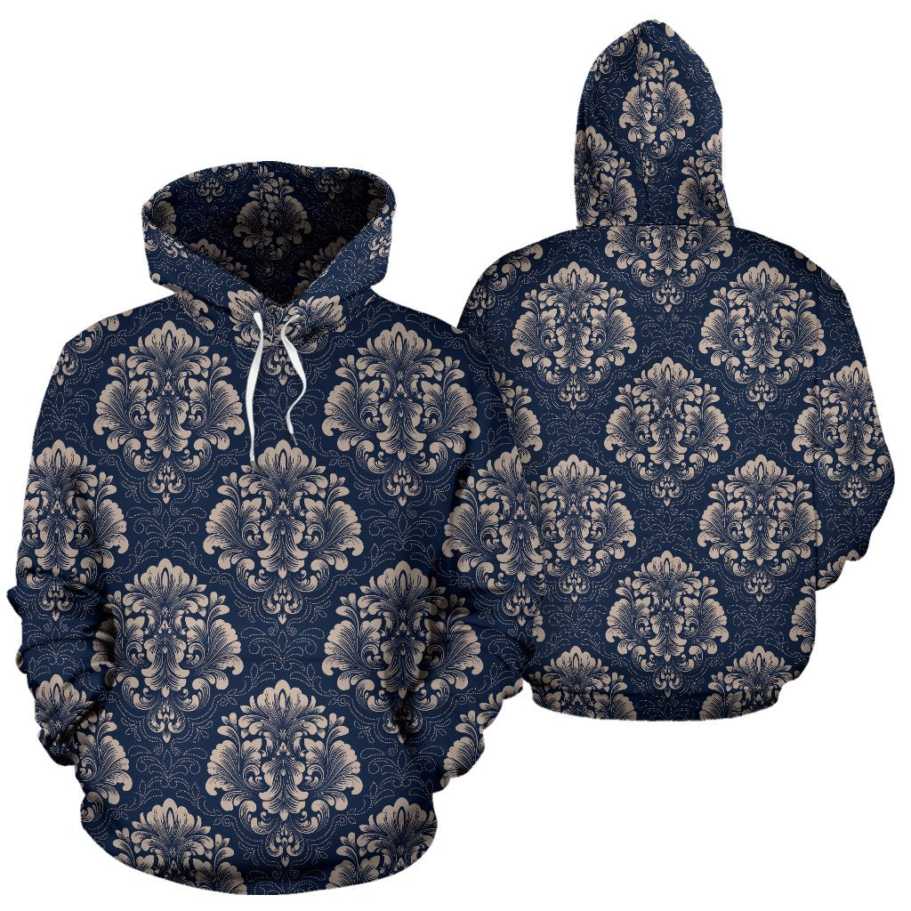 Damask Blue Luxury Print Pattern Pullover Hoodie