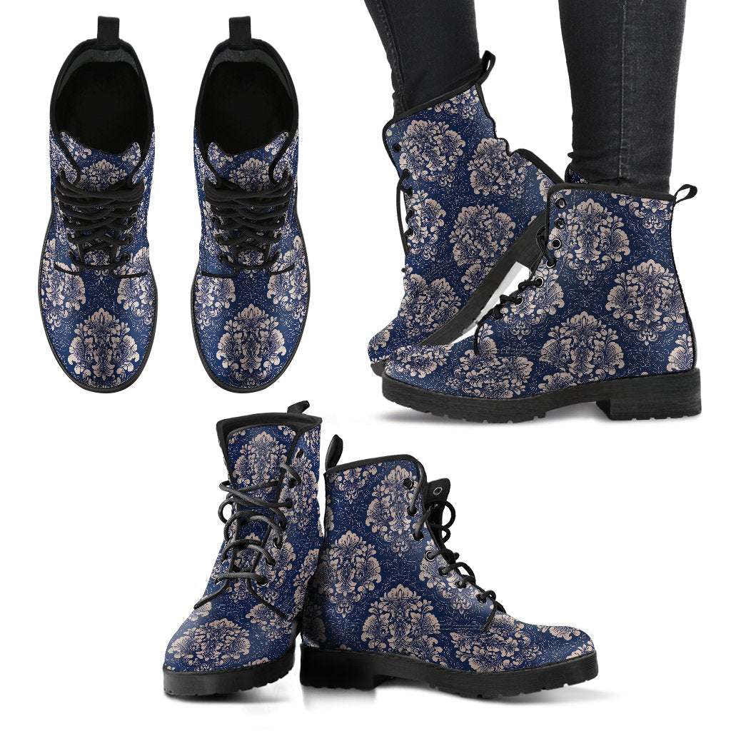 Damask Blue Luxury Print Pattern Women Leather Boots-JTAMIGO.COM
