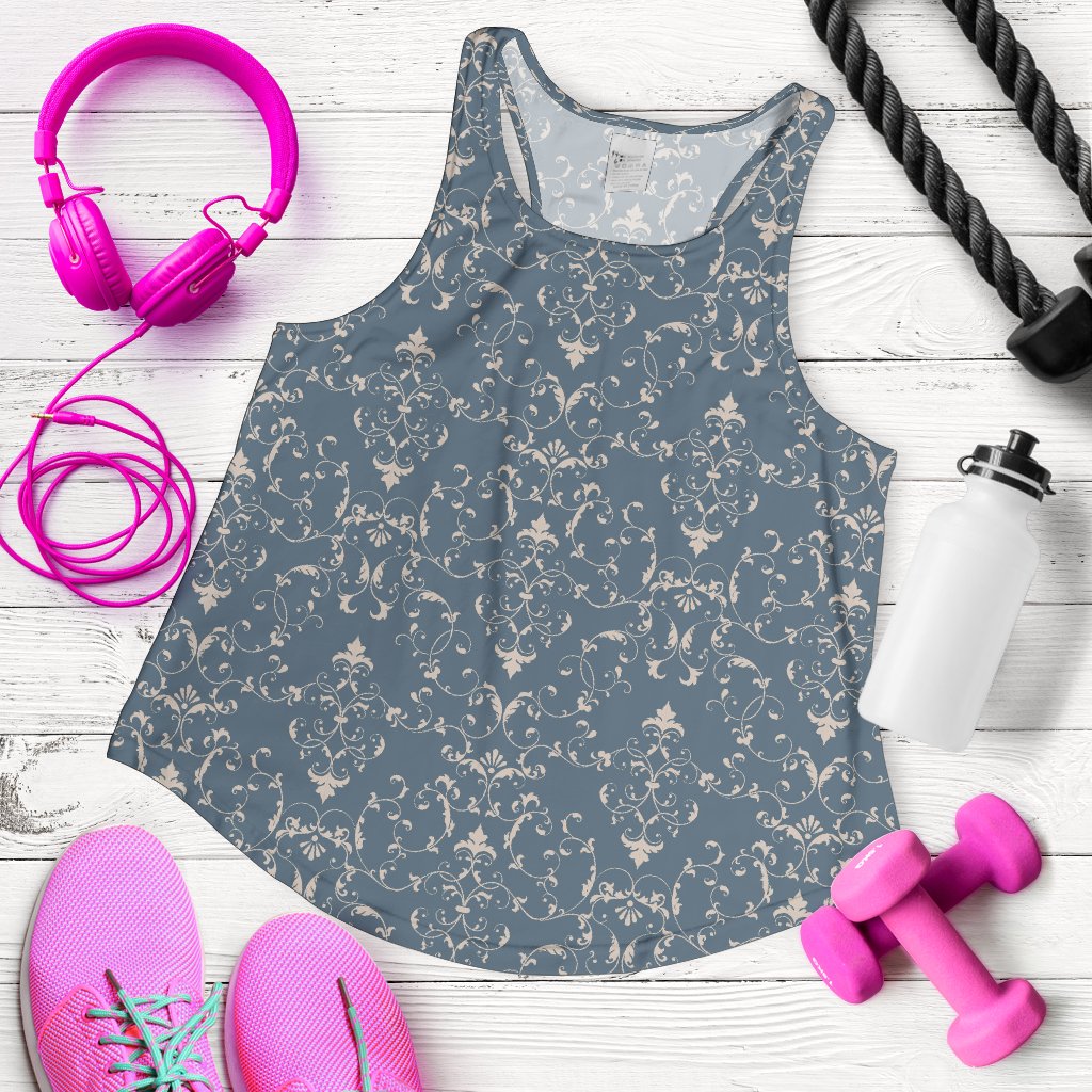 Damask Elegant Teal Print Pattern Women Racerback Tank Top