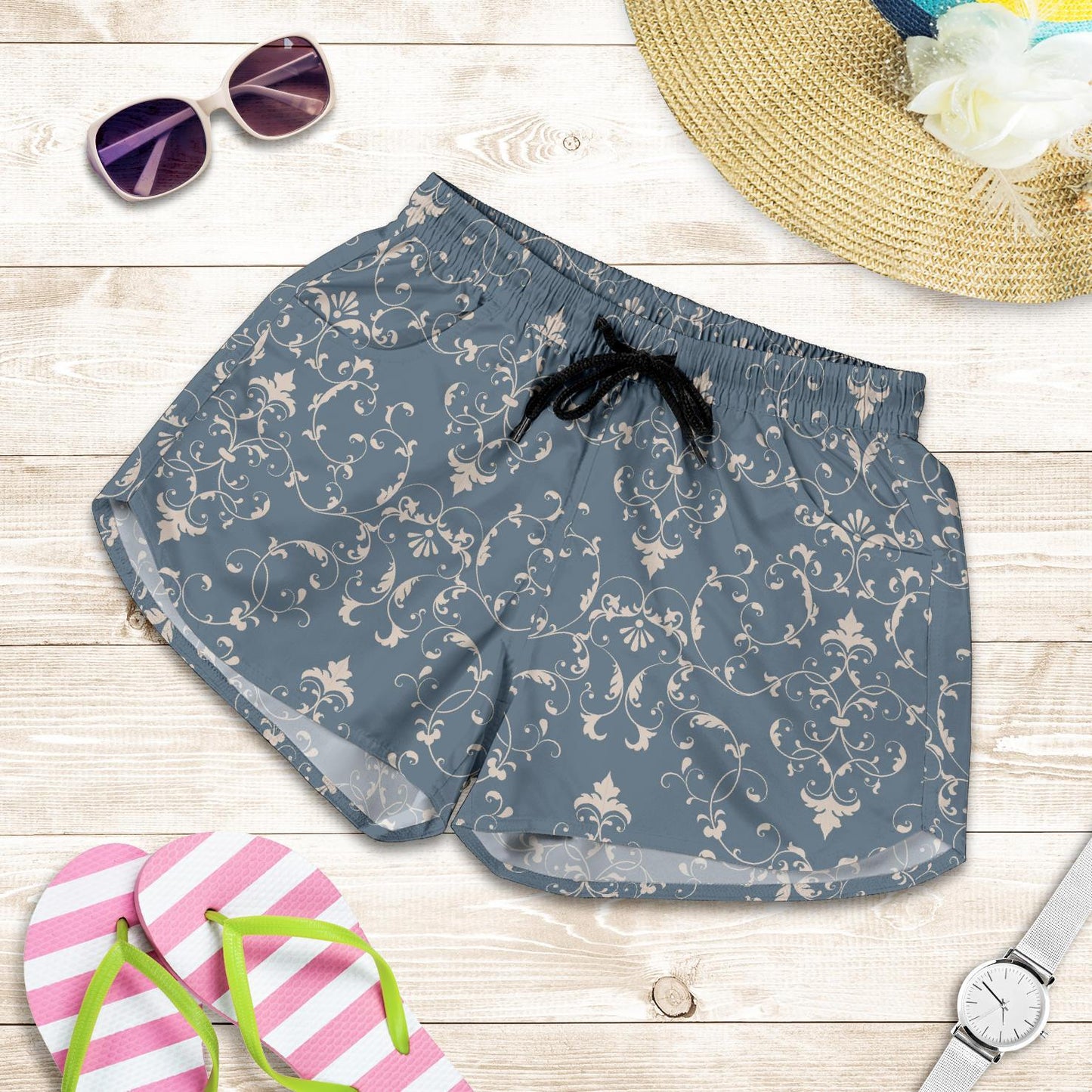 Damask Elegant Teal Print Pattern Women Shorts-JTAMIGO.COM