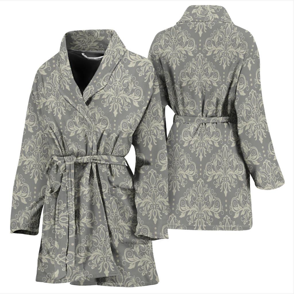 Damask Grey Elegant Print Pattern Women Bath Robe-JTAMIGO.COM