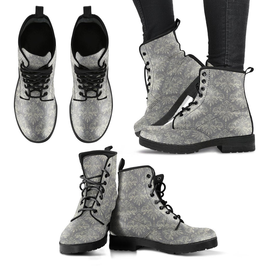 Damask Grey Elegant Print Pattern Women Leather Boots-JTAMIGO.COM
