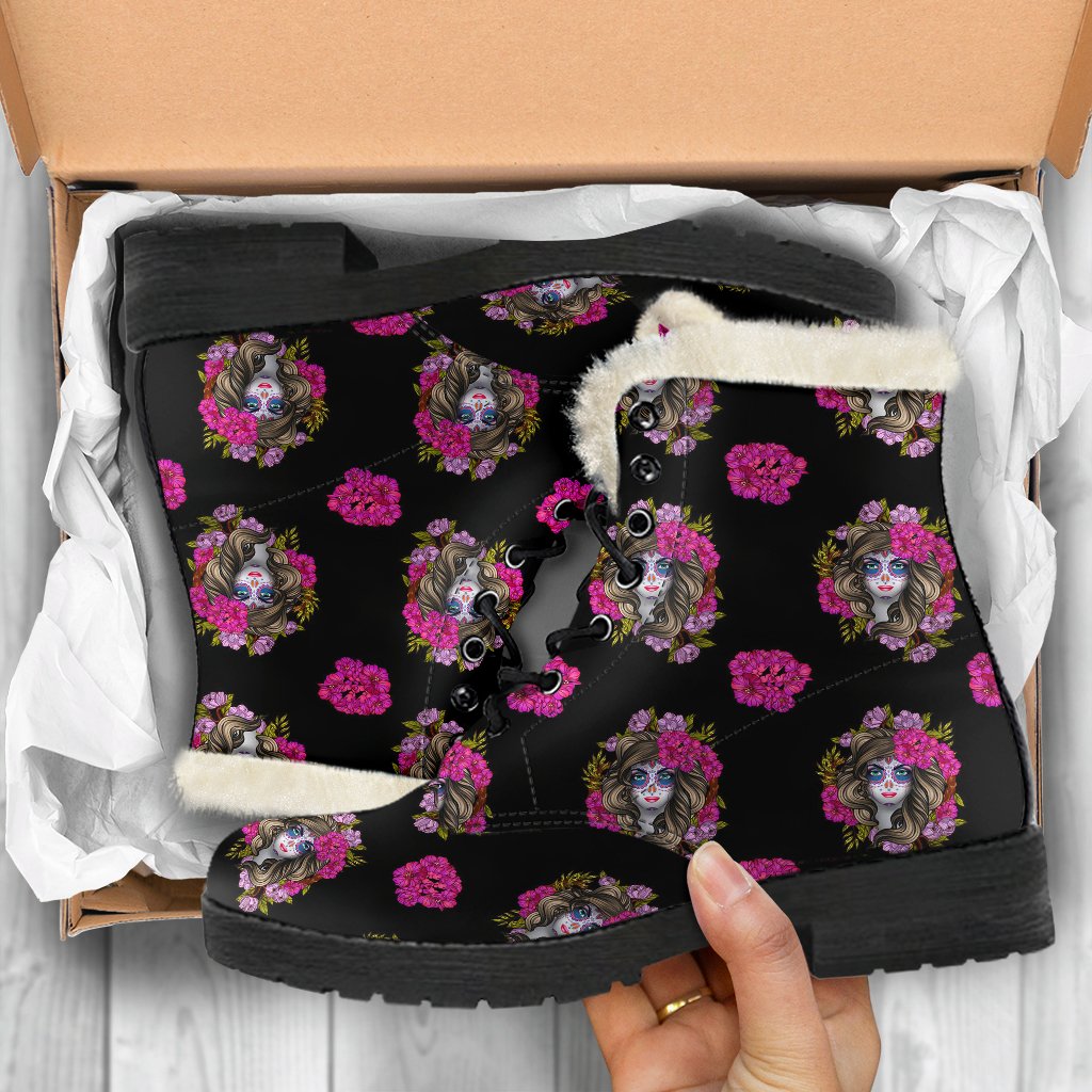 Day of the Dead Makeup Girl Faux Fur Leather Boots-JTAMIGO.COM
