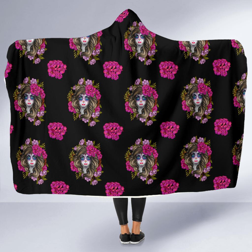 Day of the Dead Makeup Girl Hooded Blanket-JTAMIGO.COM